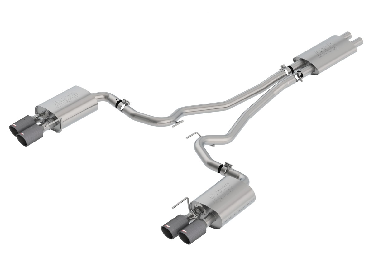 Borla Cat-Back výfukový systém "Touring" pro Ford Mustang GT 5,0l Coupe/Convertible RWD 2-dvéř. s "active valve exhaust" (s homologací ECE), r.v. 2018-2020, karbonové koncovky